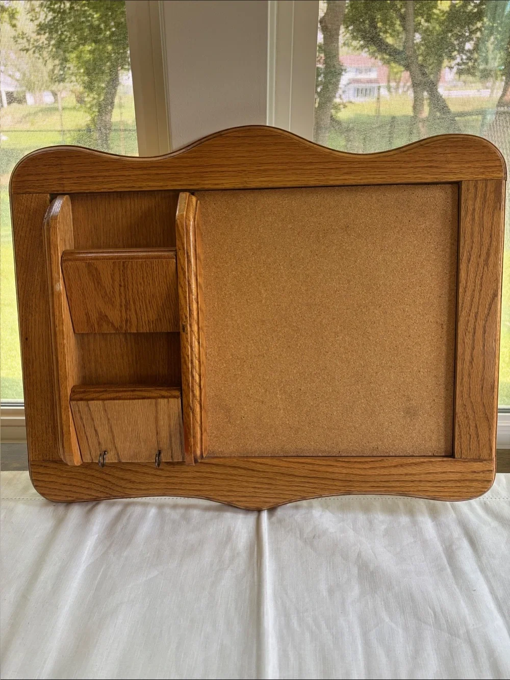 Vintage Oak Wood Wall Organizer with Cork Board, Mail Slots, and Key Hooks 22x16